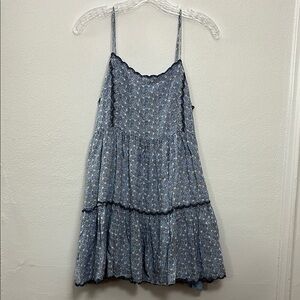 Urban Outfitters Hanna Rayon Scallop Babydoll Mini Dress - Blue and White